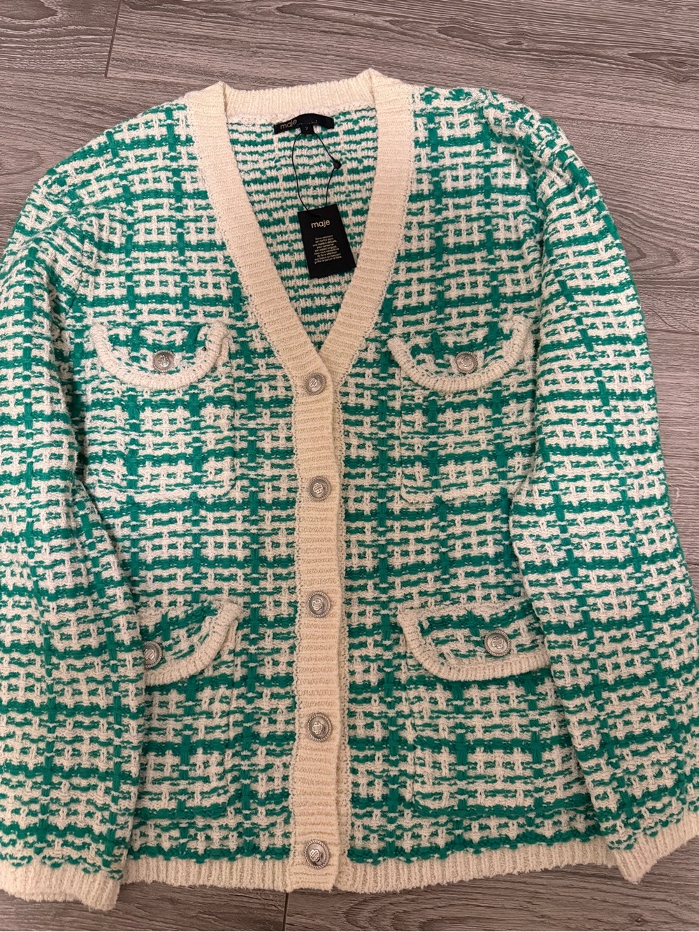Maje Green and Cream Tweed-Style Button Cardigan